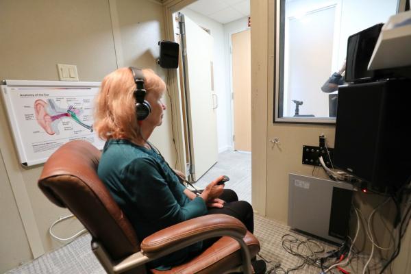 Patient getting hearing test at Cortland Hearing Aids
