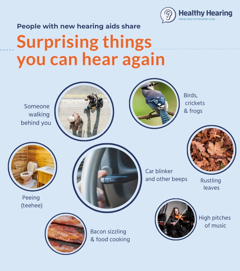 Infographic explaining the surprising things people can hear when they get new hearing aids. 