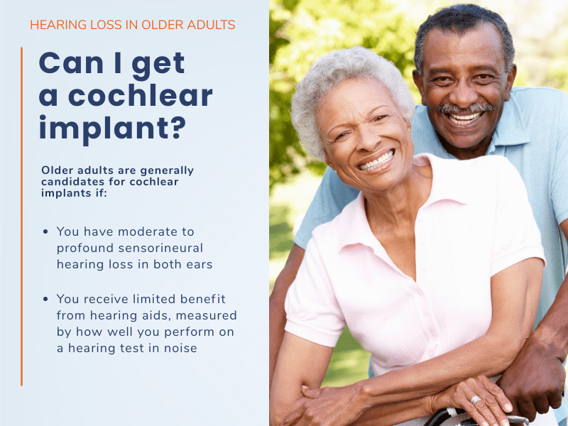 Infographic with details about older adults and cochlear implants.