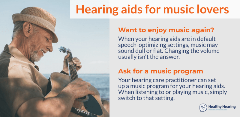 Infographic explaining what music lovers who wear hearing aids can do to make music sound better.