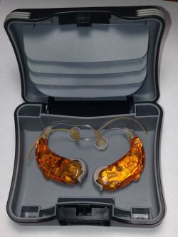 A pair of orange hearing aids sitting in a case