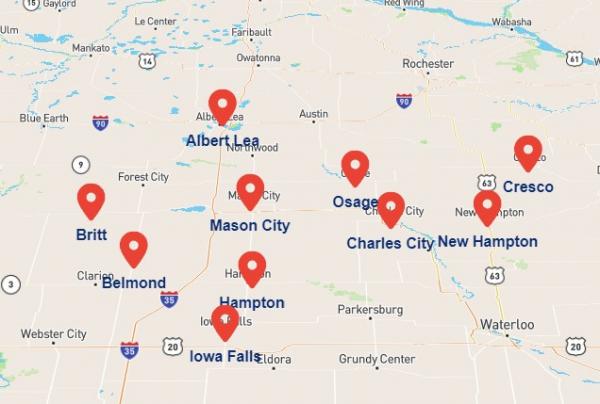 Map of Hearing Associates clinic locations northern Iowa southern Minnesota