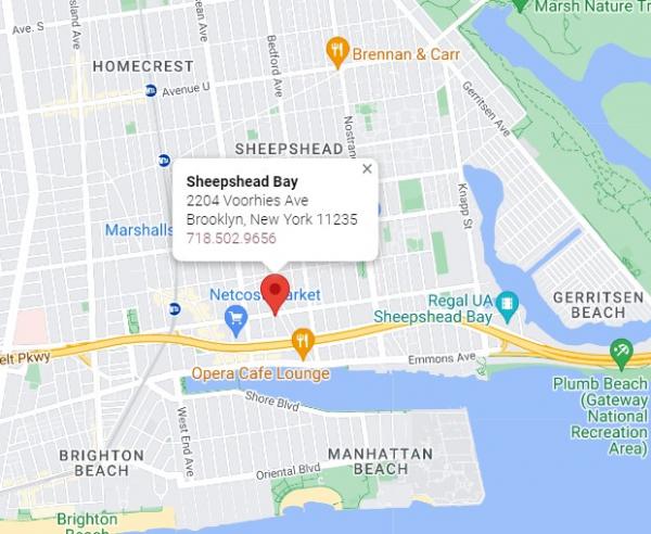 Map of neighborhood showing location of Liberty Hearing Centers in Sheepshead Bay Brooklyn