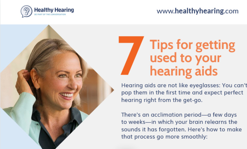 A woman wears new hearing aids, and the headline says 