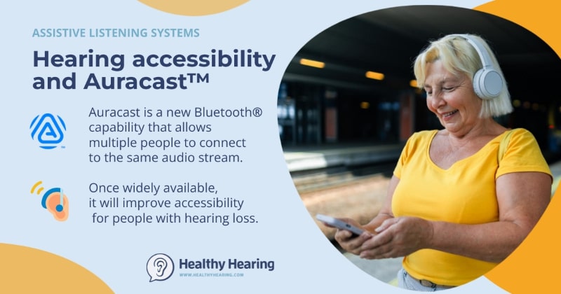 An infographic explaining Auracast and how it may help people with hearing loss. 