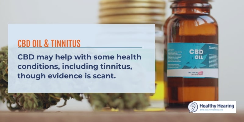 A picture of CBD oil and the statement that there is scant evidence that it will help tinnitus and other health conditions. 