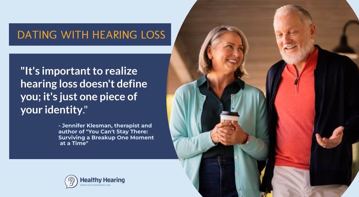 A couple gets coffee together, with a quote about how hearing loss doesn't define you. 