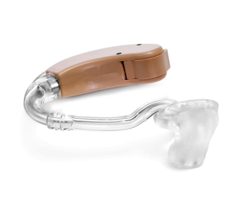 An example of a hearing aid with a custom earmold that fits inside the ear.