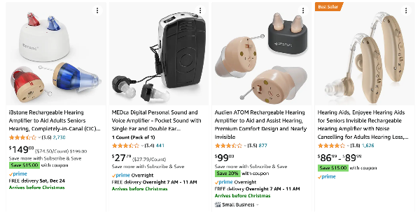 An example of hearing amplifiers sold on Amazon.