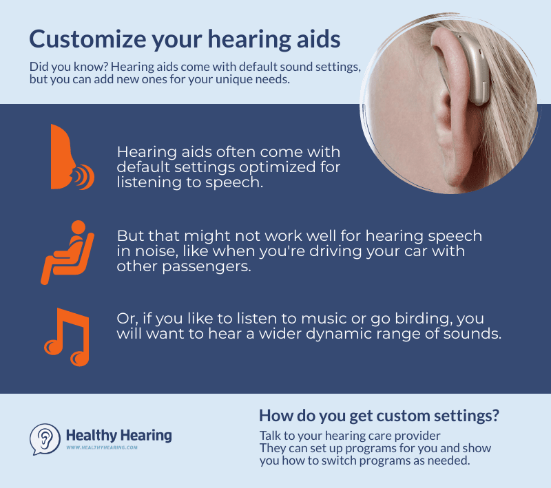 Infographic on hearing aid settings that can be customized.