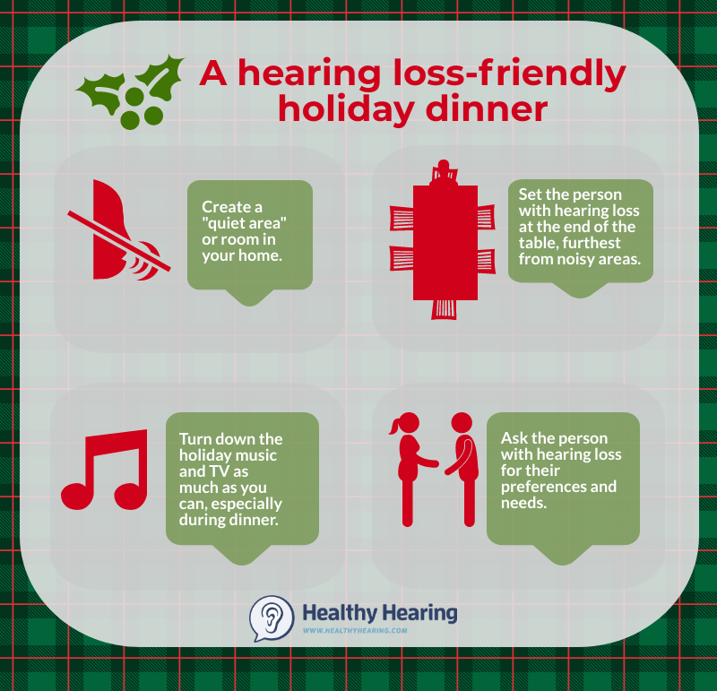 Infographic with tips on having a holiday dinner that's considerate of people with hearing loss