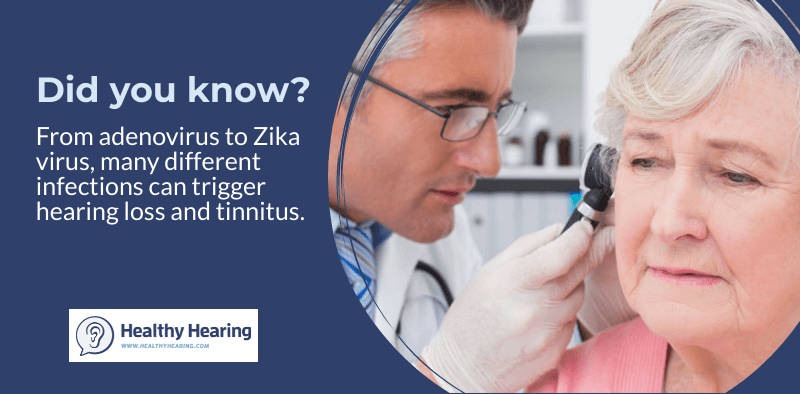 Infographic that says: "Did you know? From adenovirus to Zika virus, many different infections can cause hearing loss or tinnitus."
