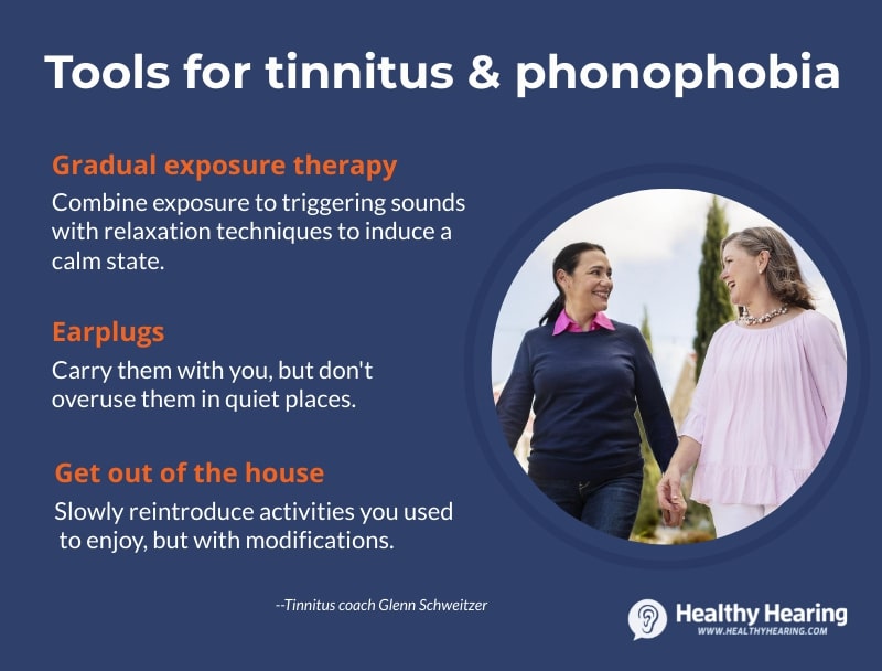 Infographic with tips for overcoming phonophobia related to tinnitus.