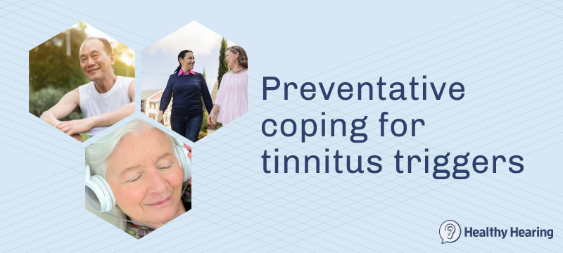 Illustration of people relaxing and exercising to prevent tinnitus.