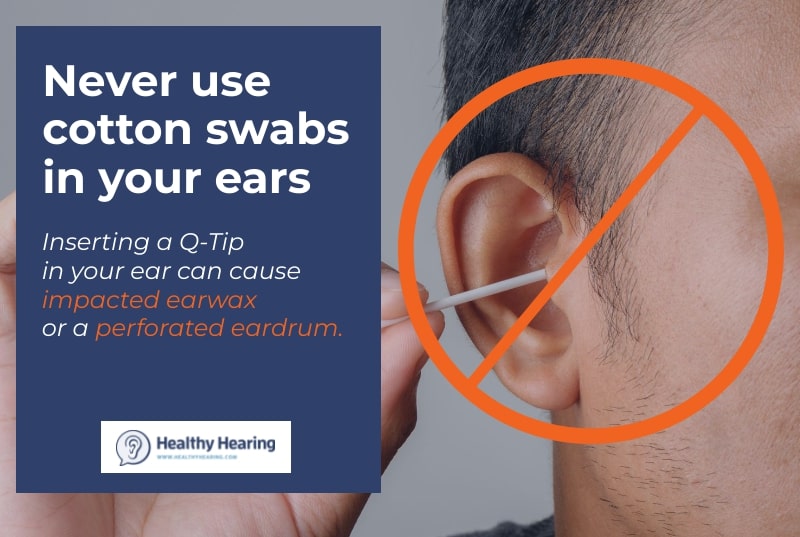 Infographic showing a man putting a cotton swab (Q-Tip) in his ear 