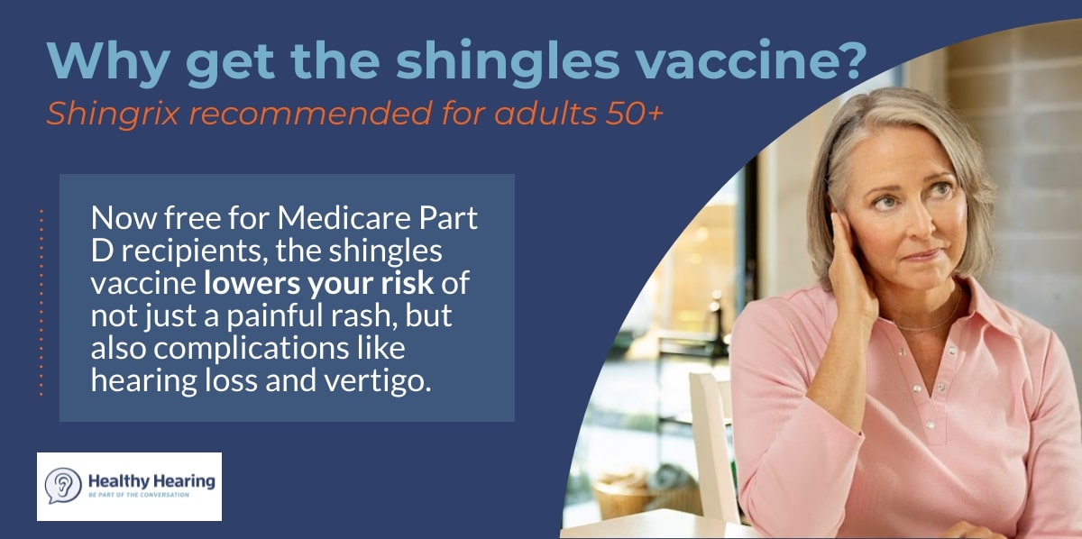 Infographic recommended shingles vaccine to prevent infection and hearing loss.