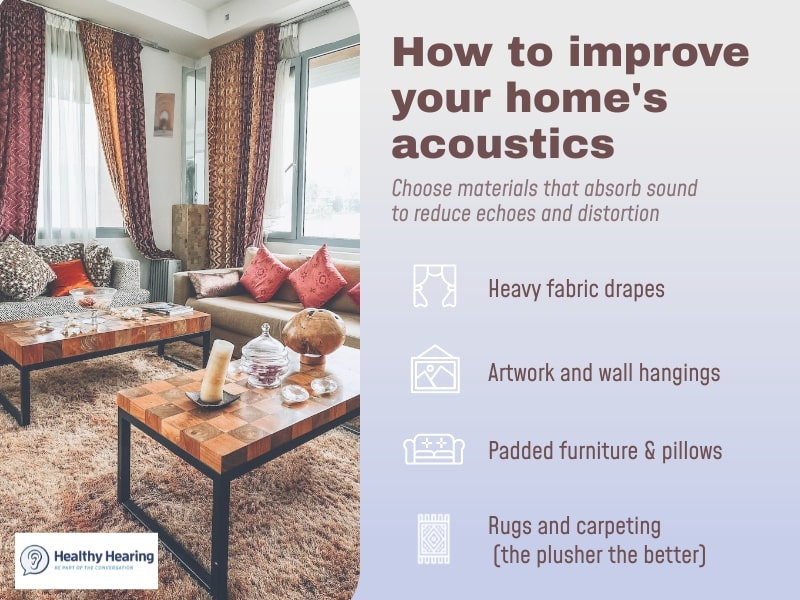 Infographic that has tips for improving your home's acoustics, like using sound-absorbing fabrics. 