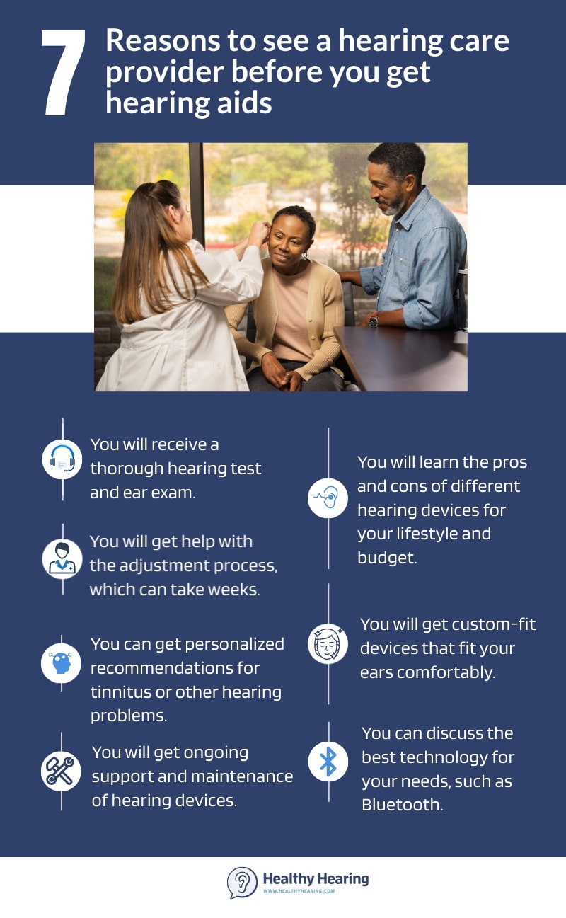 Infographic that lists 7 reasons to see a hearing expert before getting hearing aids. 